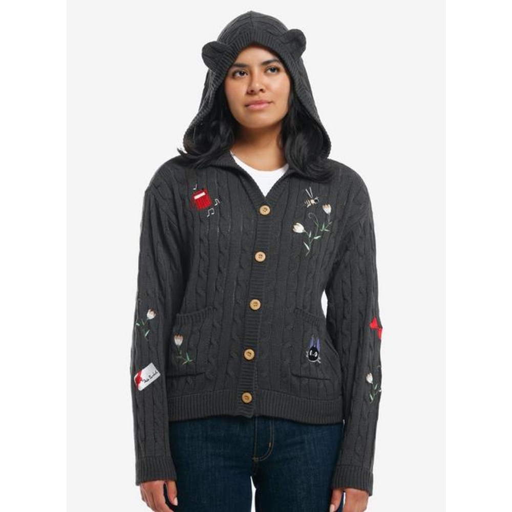 Studio Ghibli Kiki's Delivery Service Jiji Cable Knit Hooded Cardigan Sweater XL